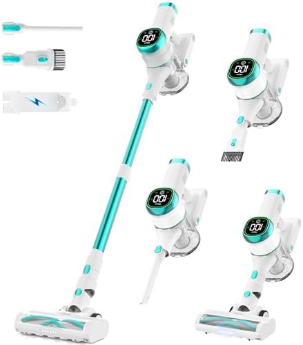 Blue cordless stick vacuum with anti-tangle brush