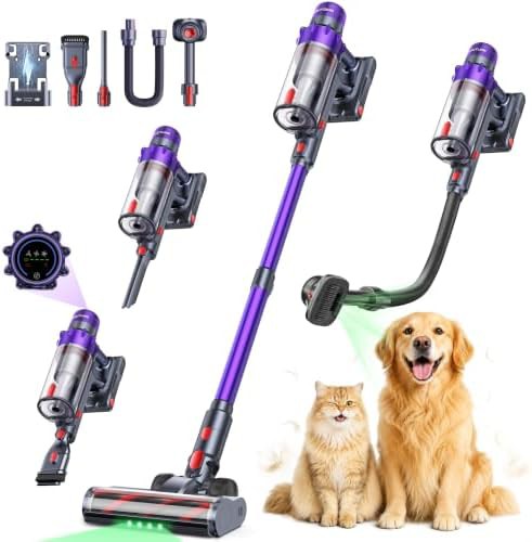 Purple cordless vacuum with LED touch screen
